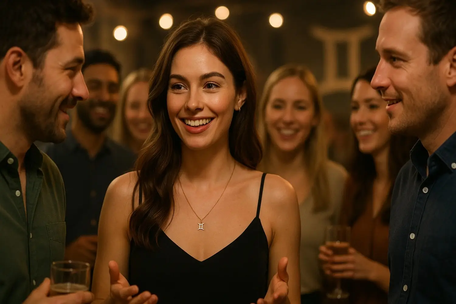 A Gemini surrounded by admirers, perhaps at a party or social event